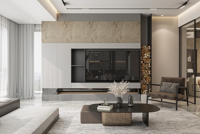 Modern living room with neutral tones, large TV, wood accents, and bright curtains—ideal for a Mortgage Broker Gold Coast retreat.