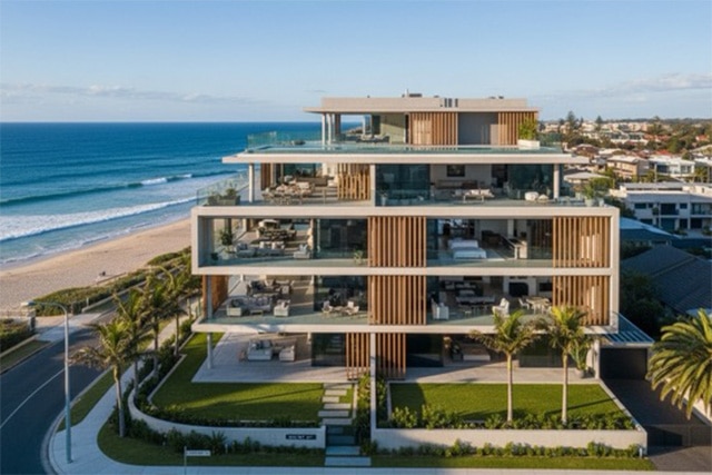 Modern beachfront flat with glass balconies, wooden details, and lush gardens. Contact Mortgage Broker Gold Coast for info.